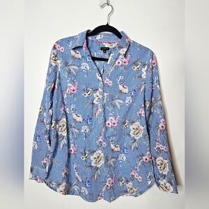 Talbots Floral Nautical Womens Medium Longsleeve Office Button-down‎ Blouse Top